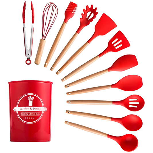 Kit Utensílios Cozinha 12 Peças Silicone Antiaderente (VERMELHO)