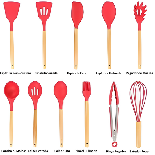 Kit Utensílios Cozinha 12 Peças Silicone Antiaderente (VERMELHO)
