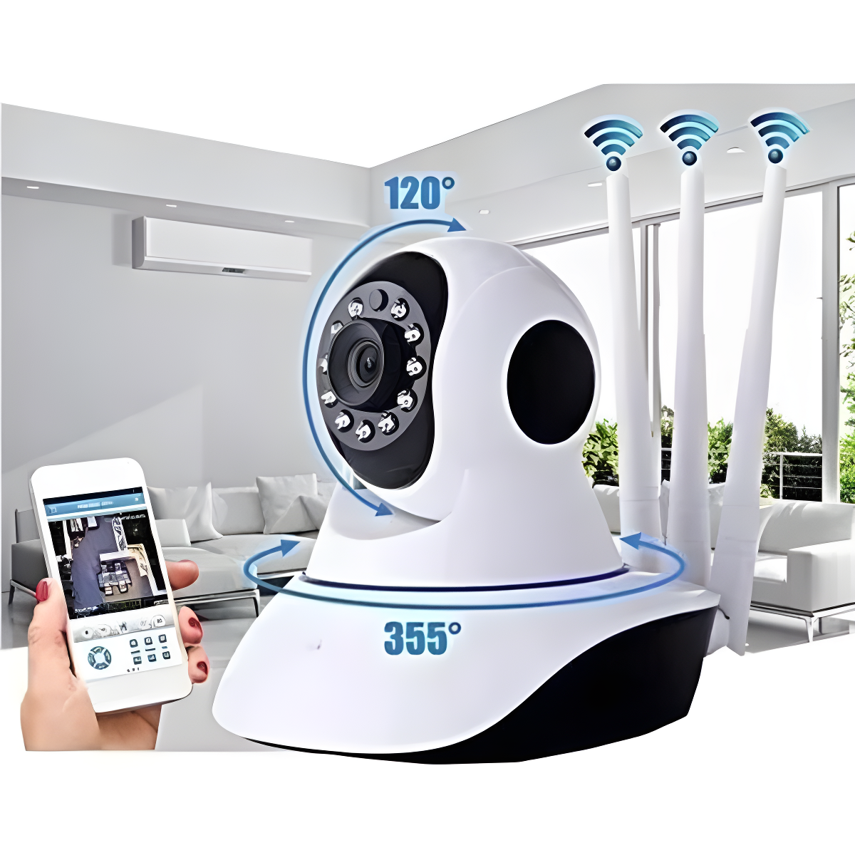 Câmera Ip Sem Fio 360° 3 Antenas HD Wifi Visão Noturna Alarme